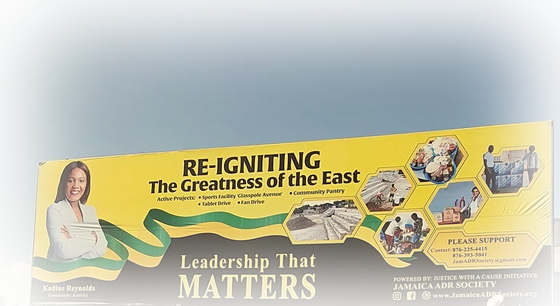 Community billboard reading Re-Igniting the Greatness of the East, Leadership That Matters, featuring Kadine Reynolds, Community Activist