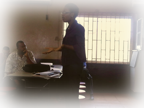 Kadine Reynolds presenting to workers at Noranda Bauxite Company, St. Ann, Jamaica