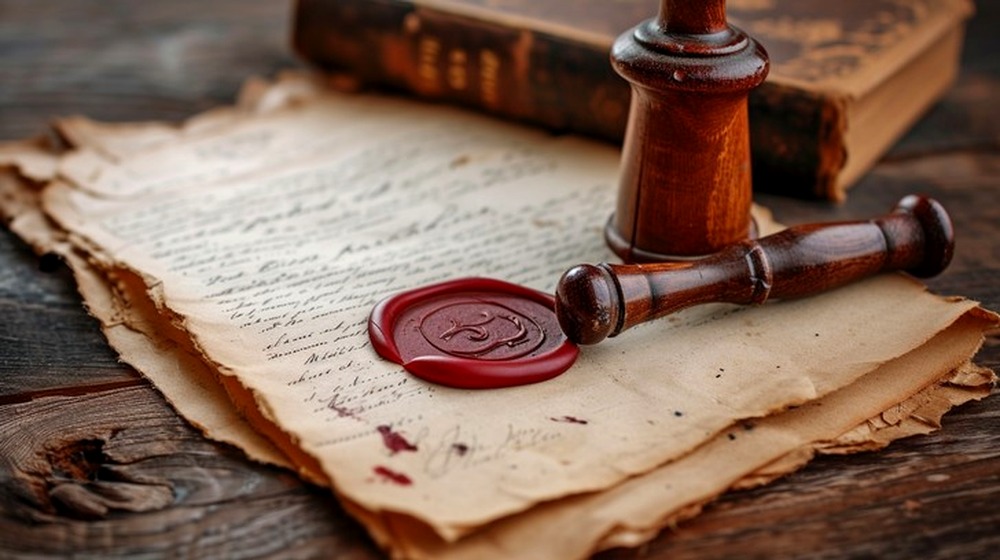 A wax seal pressed onto a handwritten letter, beside an old book